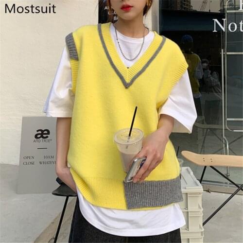 Color-blocked V-neck Knitted Sweater Vest Women Sleeveless Streetwear Loose Fashion Pullover Jumpers Tops Femme 2021 Spring