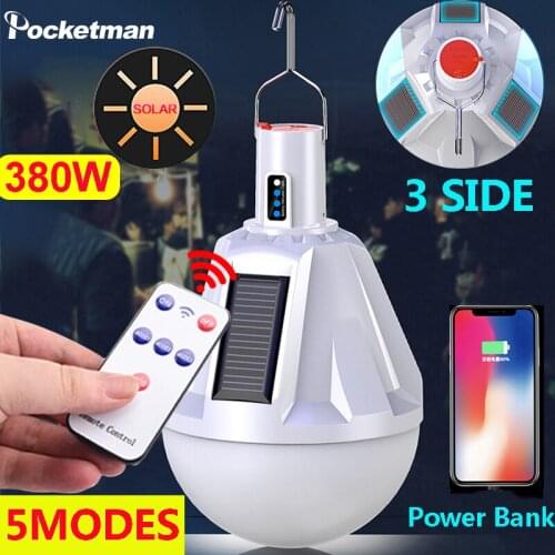 380W 3 Side Solar Charging Bulb Outdoor Mobile Night Market Stall Lamp With Built in Battery LED Solar bulb Lamp With Hook