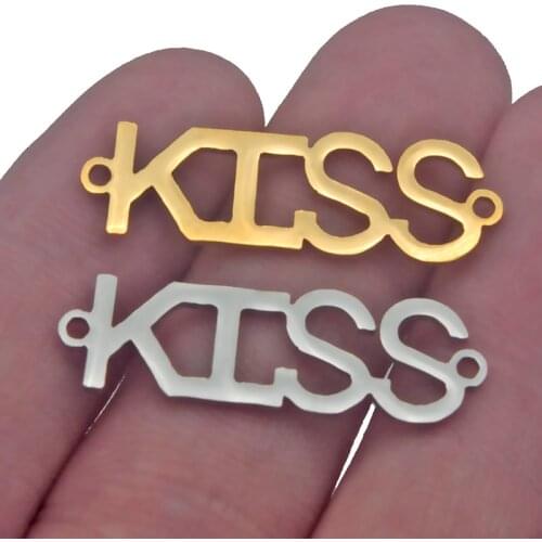 5pcs Stainless Steel 18K Gold Plated & Charms Kiss Pendant Letter Connector Fit Lover Jewelry Making Necklace Bracelet Findings