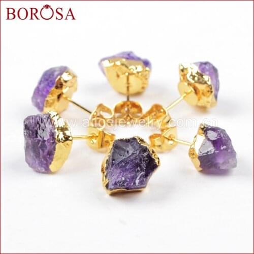 BOROSA 1Pair Gold Color New Natural Raw Amethysts Purple Crystal Earrings Gems Druzy Fashion Drusy Earrings G1151