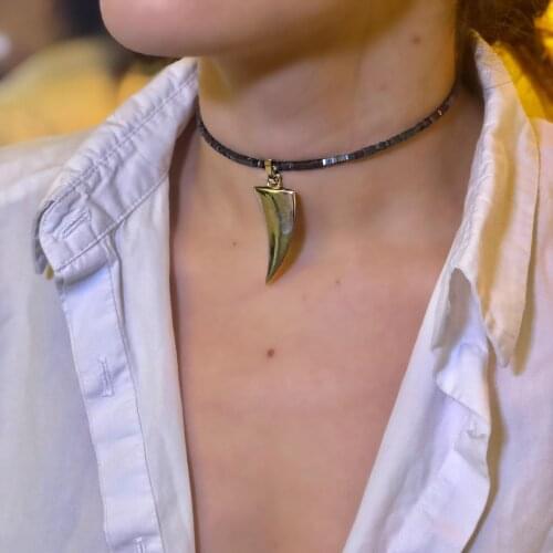 GULCE DERELI, TUSK SYMBOL, CHARM NECKLACE, CHOKER NECKLACE, HEMATITE NECKLACE, GIFT BOX, GOLD/SILVER PLATED