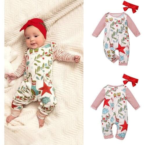 Newborn Infant Baby Girl Boy Clothes Christmas Cartoon Print Romper Jumpsuit+Headbands Set 6 9 12 18 Months ropa navideña bebe