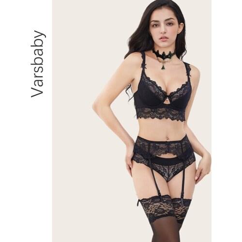 Varsbaby Wholesale Sexy Lace Push Up Bra Sets Bra+Panties+Garter+Stockings+Necklace Christmas Underwear