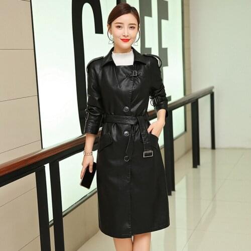 Faux Leather Long Jacket Women Fashion Motorcycle Jacket Solid Leather Coats Outerwear Tie Belt Puls Size