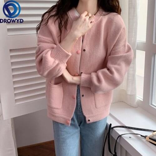 Fashion Sweater 2021 Autumn and Winter Korean Version of Pink Loose Wild Autumn and Winter Clothes Knitted Cardigan Jacket Women