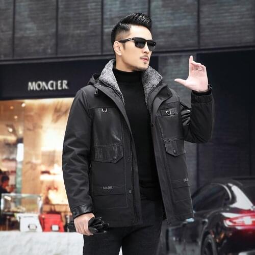2021 New Men Winter Hooded Warm Clothing Black Shearling Sheepskin Lining Rabbit Sleeve Real Fur Jacket