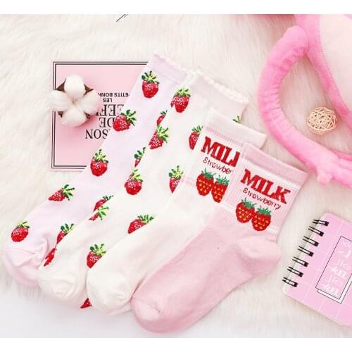 Korean Womens Socks Japanese Harajuku Cotton Cute Kawaii Lolita Milk Strawberry Tube Socks for Girl Gift 5 Pairs