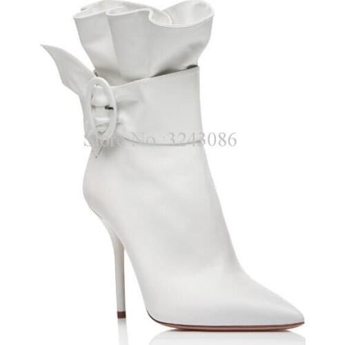 New Pleated Ruffles Women Ankle Boots Fashion Pointed Toe Buckle Stiletto Heel Short Boots Popular Design Wedding Shoes Dropship