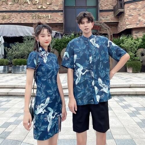Couple Matching Clothes Traditional Chinese Ethnic Dress Blue Crain Cheongsam Qipao Shirts Lovers Pair Women Outfit Wear Set