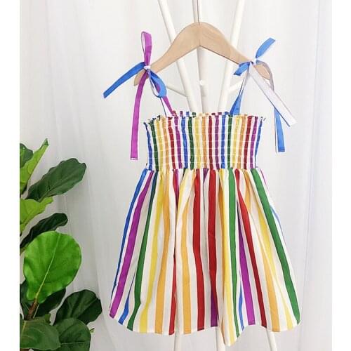 Girl Dress Sweet Girls Summer Rainbow Striped Dungaree Dress 2021 Baby Girl Korean Style Horizontal Neck Western Style Vest