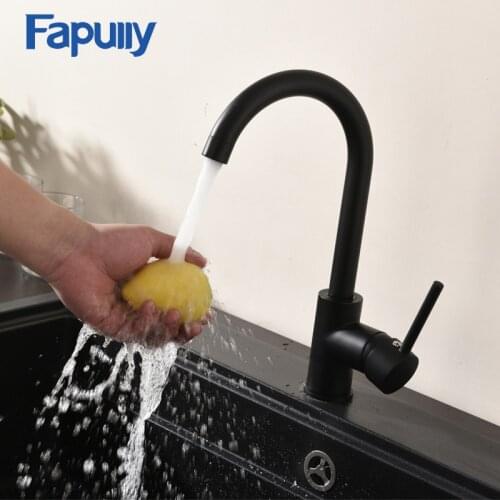 Fapully Black Polished 100% Brass Kitchen Faucet 360 Swivel Rotation Single Handle Hot and Cold Kitchen Sink Faucets Mixer Tap