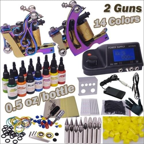 Professional body piercing kit 2 top tattoo gun 14 color inks YLT-83