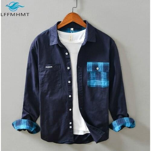 Autumn Fashion HK Style Plaid Pockets Patchwork Long Sleeve Lapel Shirts Men Korean Version High Quality Cotton Casual Loose Top
