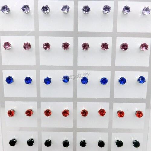 5mm Round Shape Zircon Earring Studs For Women 9 Colors 36 Pairs Wholesale