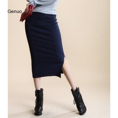 Autumn Winter Bodycon Skirt Women Stretchable Split Skirt Mid Calf Slim Pencil Skirts For Women Female Knit Skirt