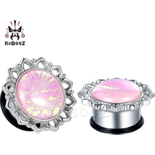 Kubooz Luxury Latest Women Flower Shape Pink Opal Stainless Steel Ear Piercing Body Jewelry Ear Plugs Tunnels Gauges Stretchers