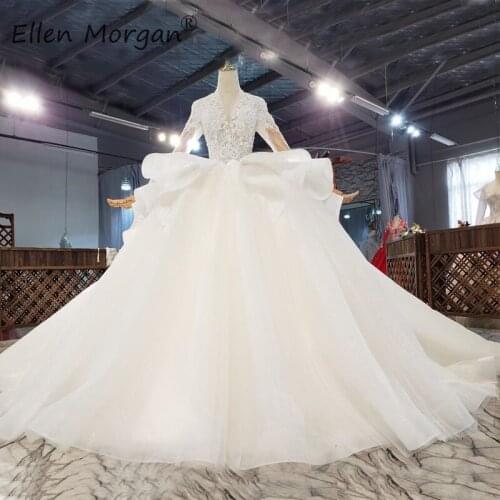 Luxury Ivory Lace Ball Gowns Wedding Dresses For Women Long Sleeves V Neck Beaded Ruffles Real Picture 2021 Vestidos De Novia