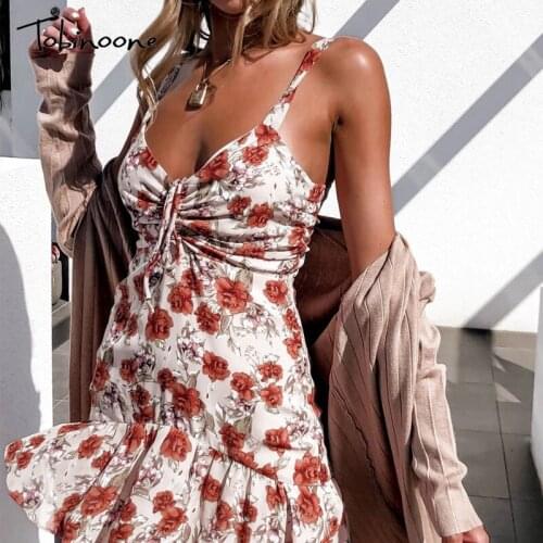 Tobinoone Chiffon Floral Print Spaghetti Dresses For Women 2021 Backless Pleated Ruffles Mini Dress Sexy V Neck Summer Vestidos