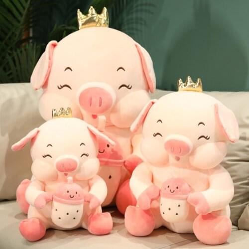 1pc 35/45CM Lovely Piggy Holding Bubble Cup Plush Pillow Soft Kawaii Animal Pig Dolls Huggable Cushion for Lovers Girls Gifts