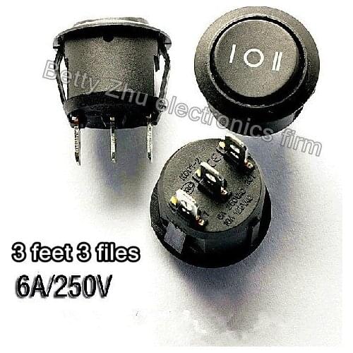 10PCS/LOT Round rocker switch KCD1-105 Black 3 feet 3 files rocker switch 10A/125V 6A/250V
