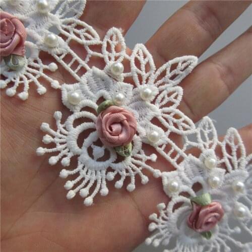 10x White Pearl Eyelash Rose Flower Lace Trim Embroidered Lace Ribbon Fabric Sewing Craft DIY For Costume Clothes Decoration