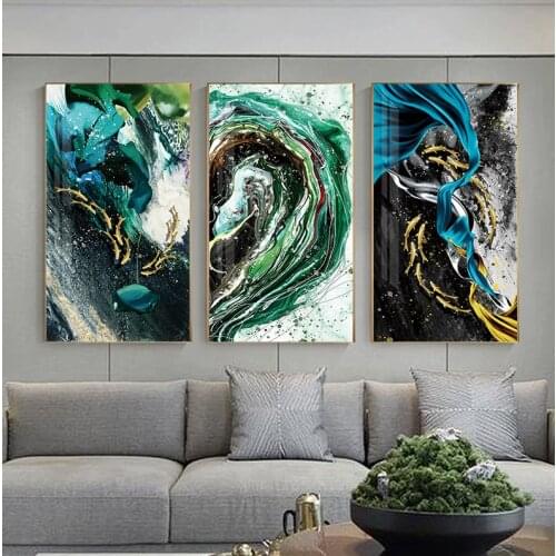 Abstract Flowing Green Canvas Painting Modern Deep Blue Paint Poster Golden Print Tableaux for Living Room Big Wall Art Cuadros