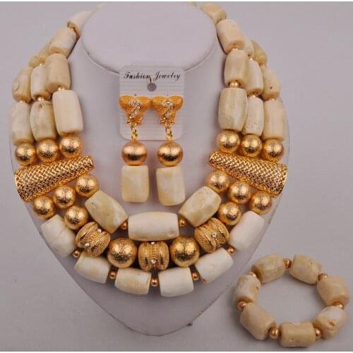 African Beads Dubai Gold Color Jewelry Sets For Women Nigerian Wedding Bridal White Coral Necklace Earrings Bracelet Set