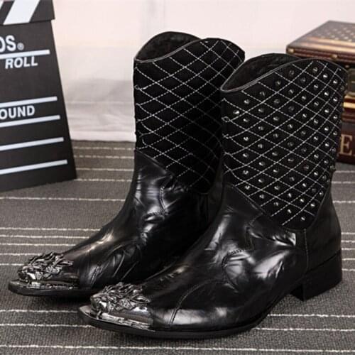 Christia Bella British Style Man Metal Pointed Toe Bullock Carved Long Boots Black Genuine Leather Rivet Mens Locomotive Boots