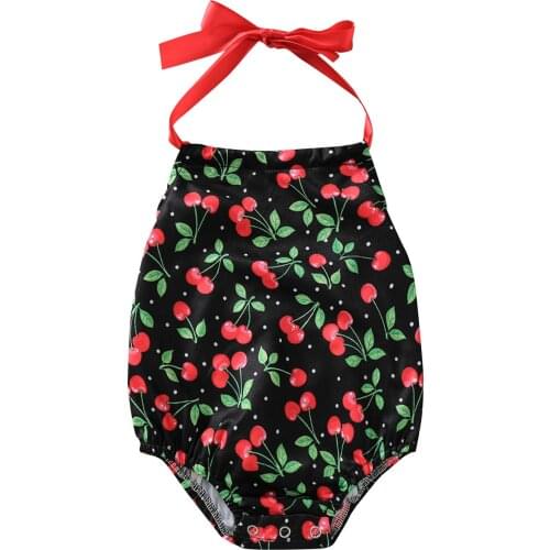 2021 0-24M Summer Baby Girl Romper Cute Cherry Print Sleeveless Halter Backless Playsuit Outfit