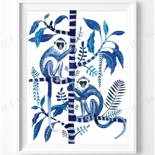 Monkey Wall art, Frangipani, Blue and white, Hamptons Decor, Blue monkey, Palms, botanical