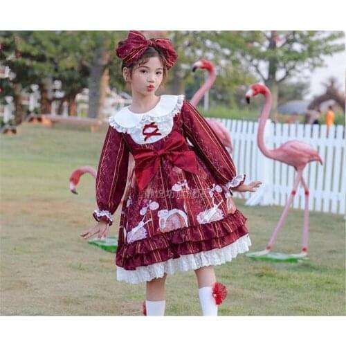 Spain Vintage Palace Style Sweet Lolita Bow Printed Maid Princess Dress Kawaii girls Red OP Dress B821