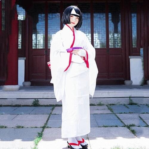Anime Noragami God of Poverty Nora White Kimino + Belt + Headwear + Bow + Handband Yukata Cosplay Costume Black Bob Short Wig