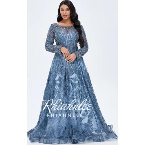 Latest Design Navy Blue Evening Dress 2020 Dubai Luxury Evening Gowns O-Neck Crystal Long Sleeve Vestidos Elegantes