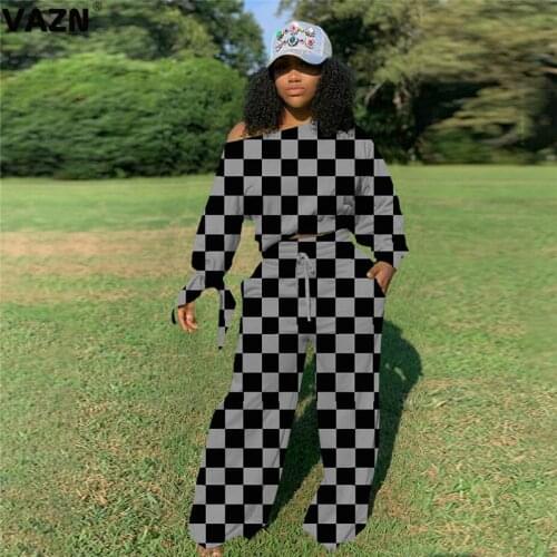 VAZN 2020 New High-end Daily Office Classic Plaid Sexy Elegant High Waist Full Sleeve Long Wide Leg Pants Slim Women 2 Piece Set
