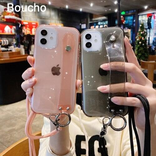 Boucho Wrist Strap Transparent Glitter Case For iPhone 12 Pro Mini 11 Pro XS Max XR X 7 8 plus SE Soft Back Cover With lanyard