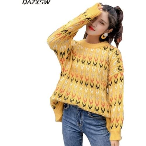 Qazxsw 2019 New Women Spring Autumn Sweater O-neck Loose Vintage Knitted Tops Korean Style Casual Pullovers Yellow Coat AC225