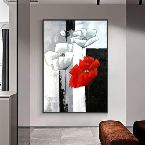 Hand Painted Abstract Red White Flower Oil Painting Modern Plant Canvas Painting Wall Art For Living Room House Decoration