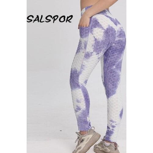 SALSPOR Tie Dye Running Leggings Women With Pocket Plus Size Fitness Sport Legging Push Up Sexy Gym High Waist Leggins Mujer