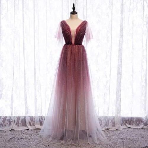 Sexy Red Gradient Prom Dresses 2020 V-neck Bubble Sleeves Sequins Dressing Gown A-line Lace Up Eveing Dress платье vestidos