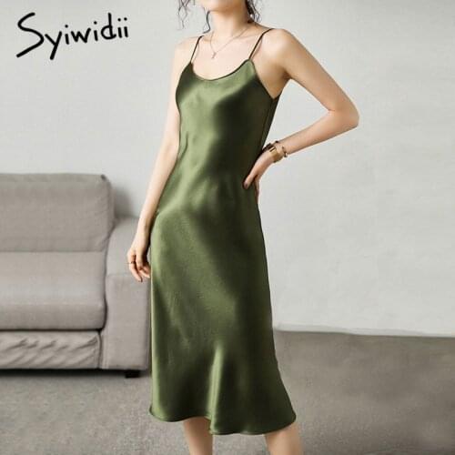 Syiwidii Woman Dress Satin Vintage Spaghetti Strap Evening Party Black Sundress Long Wedding Pure Silk Dress Green 2021 Summer