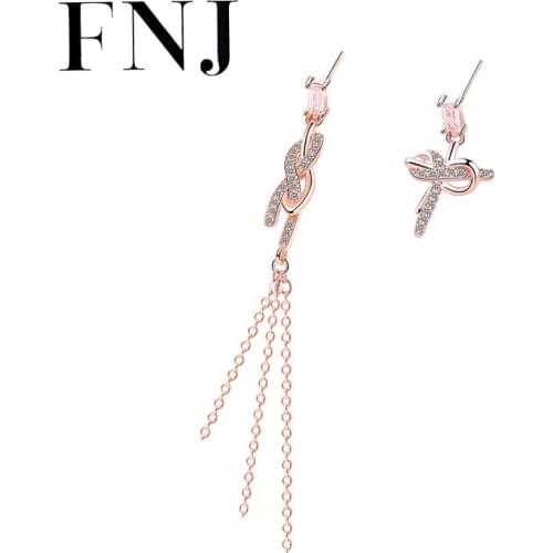 FNJ Bow Asymmetry Earrings 925 Silver Jewelry Original Pure S925 Sterling Silver Stud Earring for Women Cubic Zircon
