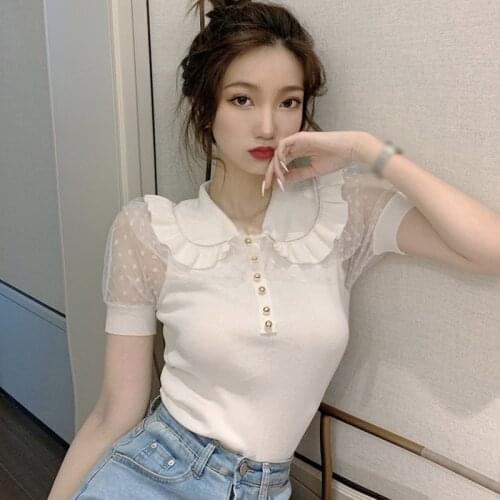 Womens Tops 2020 Summer Female Retro Doll Collar Solid Color Puff Sleeved Knitted Mesh Stiching Short Sleeve Tops