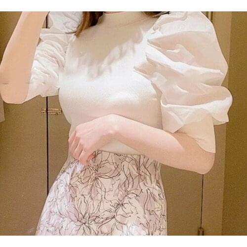 Woman Tops 2021 Spring Fashion Japan Style Fresh Shirts Sweet O Neck Puff Sleeve Knitted Patchwork Pullover Blouses
