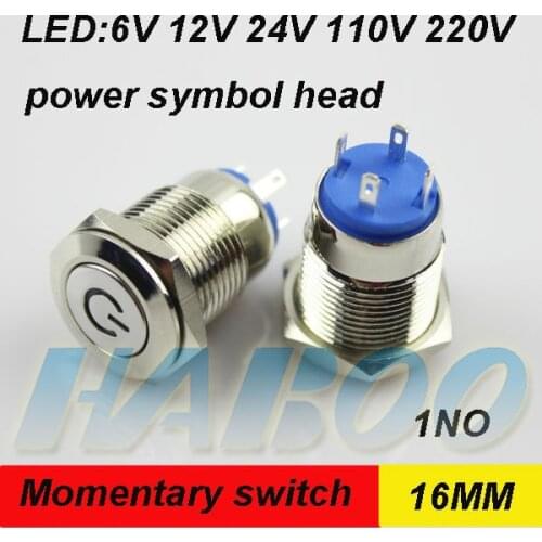 1pcs packing 16mm reset push button switch illuminated switch power symbol head led lighting metal switch 24v 220v shipping free