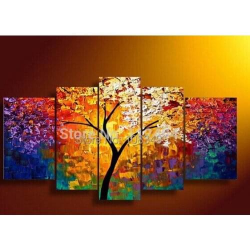 100% hand painted oil painting on canvas pictures frame Hot sunshine trees home decoration wall art modern paintings 5pcs