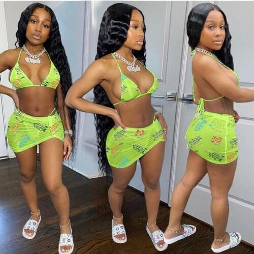 TNNAOFF Bikini Set Women Printed Swimming Womens Three-piece Set Crop Top & Mini Dress Matching Y2k Harajuku Clothing Wholesale