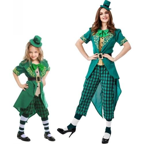 Kids Adult St. Patricks Day Irish Leprechaun Costumes Cosplay Full Set For Girls Woman Green Spirit Halloween Party Costume