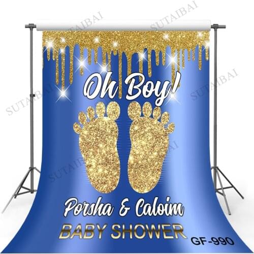 Blue Gold Baby Shower Backdrop for Girls Sweet Prince Kids Photography Background Glitter Shimmer Little Feet Party Decorations