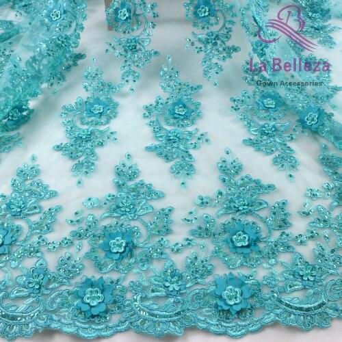 La Belleza 3D flowers lace,Green 3D lace fabric,handmade pearls beads lace fabric, gown lace fabric,fashion design lace,1 yard