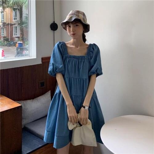 Summer Denim Mini Dress Japanese Sweet Square Collar Ruffles Lolita Dress Soft Girl Harajuku Thin Student Korean A-Line Dresses